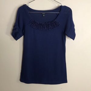 Ann Taylor Navy short sleeve ruffle neck sweater